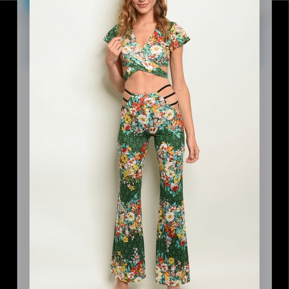 🌺New Japanese Green Floral Wrap 2 Piece Set - Picture 3 of 7